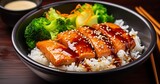 Savory Salmon Teriyaki Paired with Rice and Vegetables in a Traditional Bowl. Generative AI