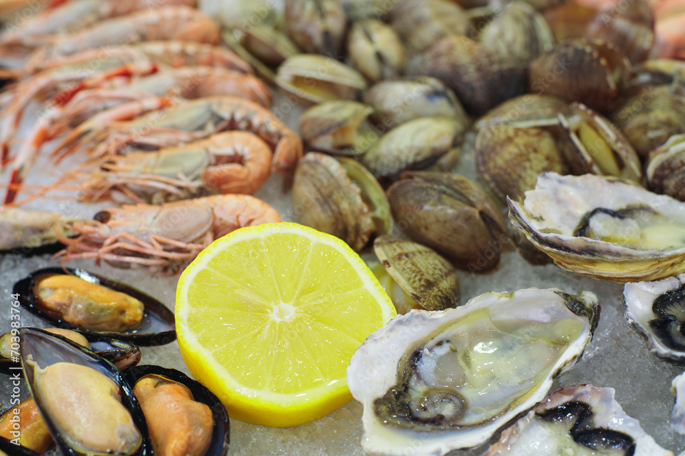 Seafood on ice in a market or fish market Seafood on ice in a market or fish market