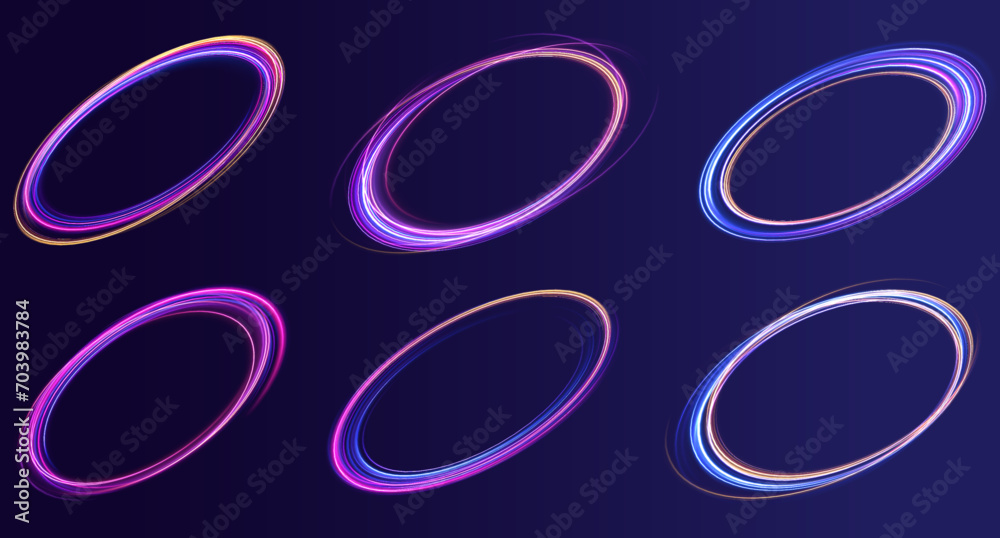 Rounded neon line with light effect. Energy flow tunnel. Blue portal, platform. Night road speed illustration. Rounded neon line with light effect. Energy flow tunnel. Blue portal, platform. Night road speed illustration.