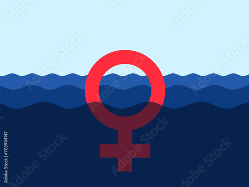 Feminity crisis - male sex and gender symbol is sinking. Decline, deterioration, degradation of man, manliness and manhood. Vector illustration.