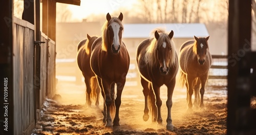 A Herd of Horses Stepping Out of the Stable on a Frosty Winter Day. Generative AI photo