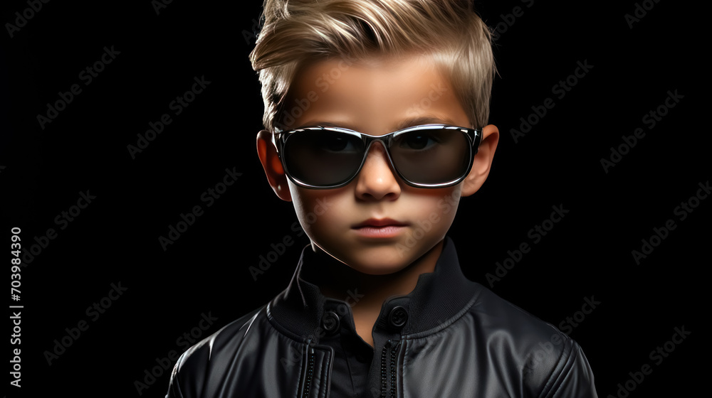 Fashion portrait of a stylish boy in black leather jacket and sunglasses.