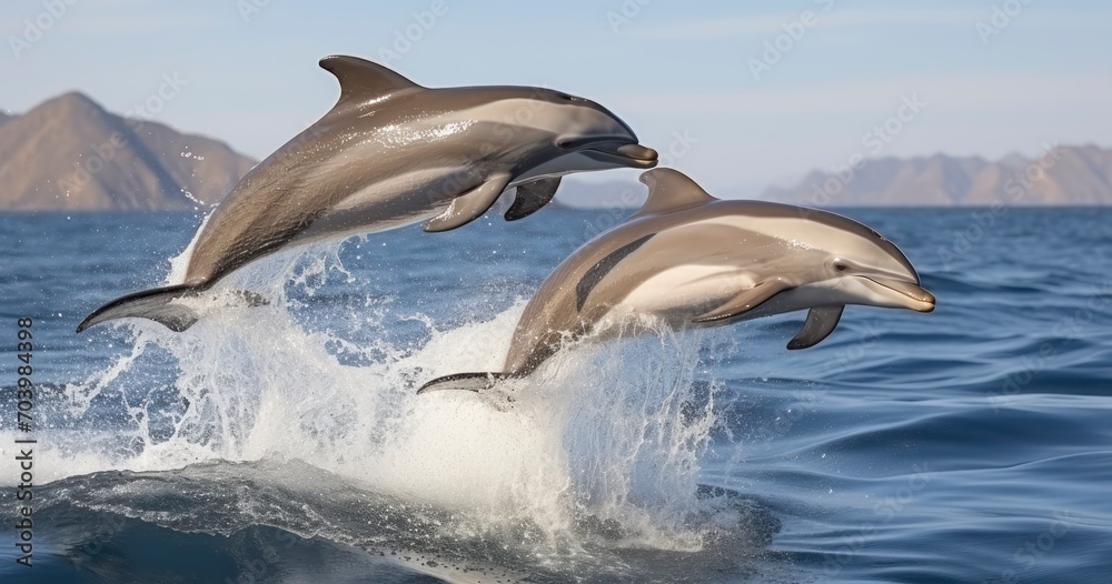 Obraz premium Two Common Dolphins Captured in the Act of Breaching Beautifully. Generative AI