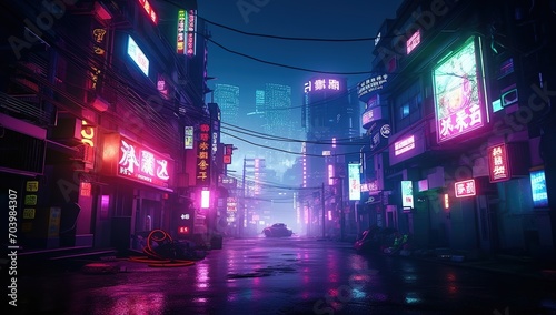 A dark and rainy street in a cyberpunk city with neon lights and a car © duyina1990