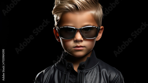 Fashion portrait of a stylish boy in black leather jacket and sunglasses.