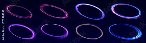 Colored neon ovals or circles for swirl shiny rings light effect. Glow luminous glitter shimmer trail. Curve light effect of multicolored line. Blurred spiral ring. Bokeh effect. Vector illustration.