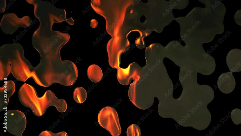 Abstract background of flowing liquid metal with fire flame reflection. CGI animation background, 4k