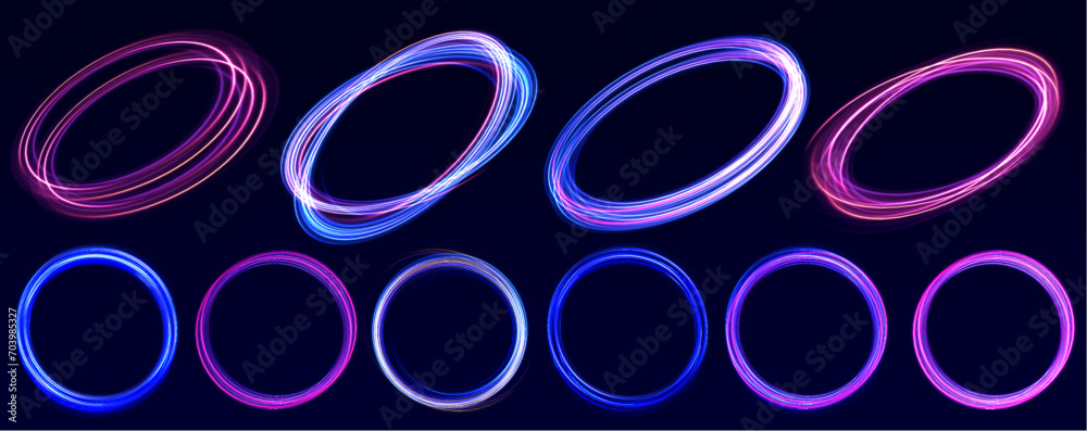 Curve blue line light effect neon swirl. Abstract ring background with glowing swirling background. Energy flow tunnel. Blue portal, platform. Magic circle vector. Curve blue line light effect neon swirl. Abstract ring background with glowing swirling background. Energy flow tunnel. Blue portal, platform. Magic circle vector.