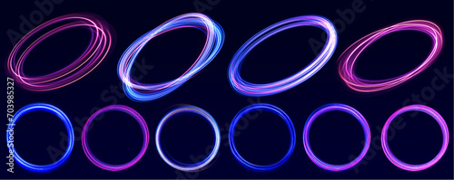 Curve blue line light effect neon swirl. Abstract ring background with glowing swirling background. Energy flow tunnel. Blue portal, platform. Magic circle vector.	