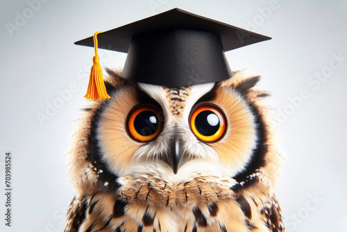 Fluffy owl wearing a graduate hat surprised with Huge Eyes on solid white background, wide angle shot. ai generative