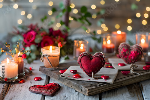 A rustic table setting with heart-themed decor, candles, and flowers, creating an inviting and romantic background happy valentine's day