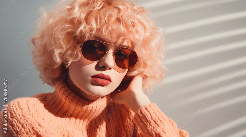 A woman in a sweater, peach fuzz shades A woman in a sweater, peach fuzz shades