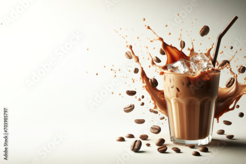 Iced coffee splashing and roasted coffee beans flying on light background. ai generative