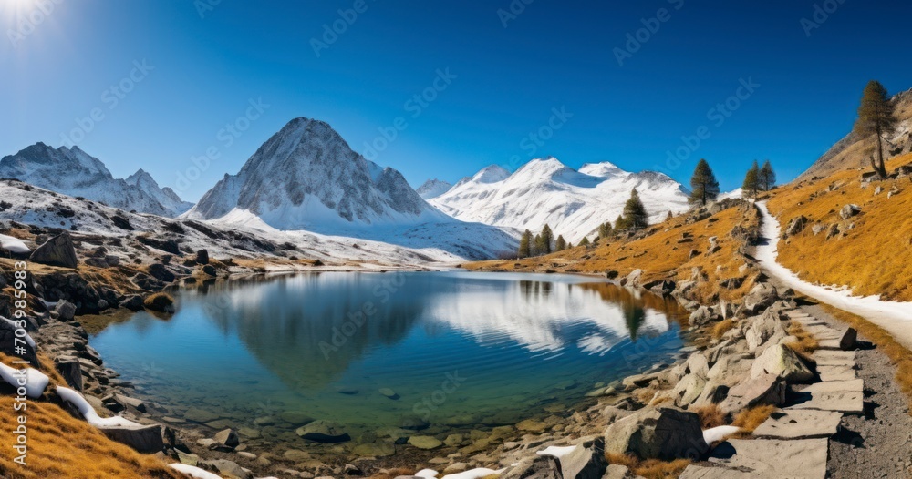 Winter mountains with colorful trees and snow. Generative AI Winter mountains with colorful trees and snow. Generative AI