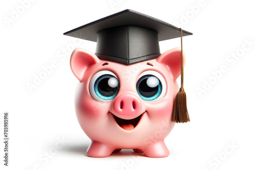 smiling piggy bank wearing a graduate hat surprised with Huge Eyes on white background, wide angle shot. ai generative