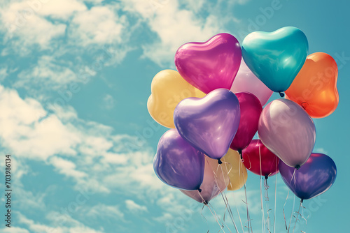 An image of heart-shaped balloons in various colors and sizes, forming a beautiful bouquet against a sky or romantic backdrop  photo