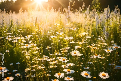 field of daisies, Beautiful summer landscape as an floral background, wild flowers in the meadow and sunlight