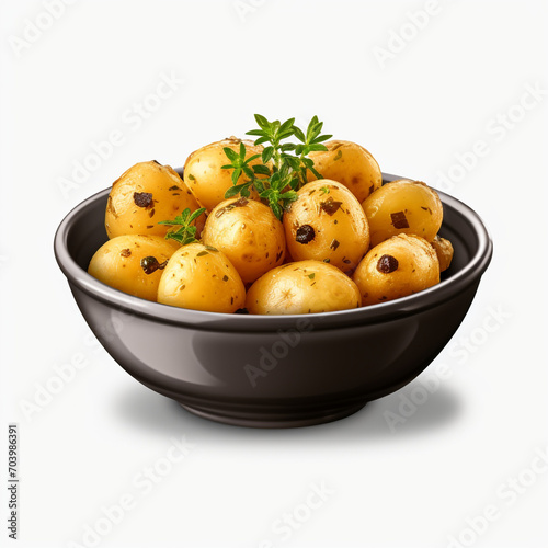 a bowl of potatoes with a black bowl on transparent background created with Generative Ai