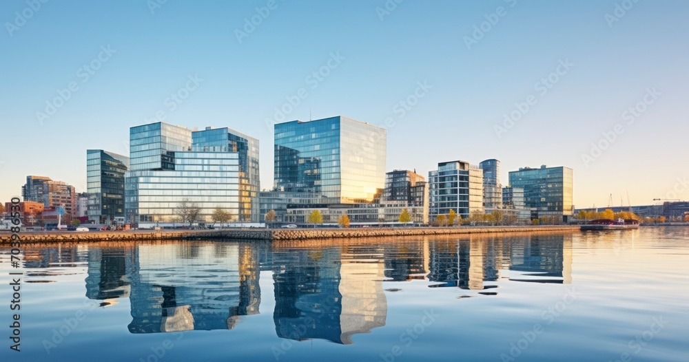 Fototapeta premium New Buildings Elegantly Reflecting on the Water's Facade. Generative AI
