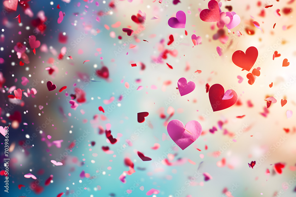 Background with a burst of heart-shaped confetti, creating a festive and celebratory atmosphere valentine day celebration 