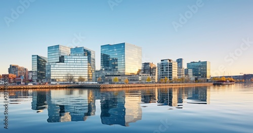 New Buildings Elegantly Reflecting on the Water's Facade. Generative AI © Watasiwa