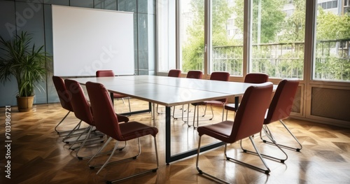 A Pristine View of an Unoccupied Board Room with Chairs and a Conference Table. Generative AI