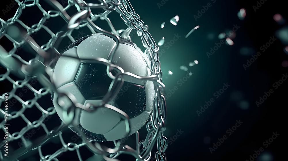 Soccer ball made of metal breaking metal net. Concept of football goal, with ball breaking the metal chain net, 3d illustration Soccer ball made of metal breaking metal net. Concept of football goal, with ball breaking the metal chain net, 3d illustration
