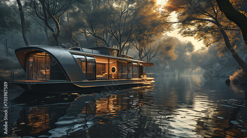 Futuristic Houseboat on a Peaceful River photo