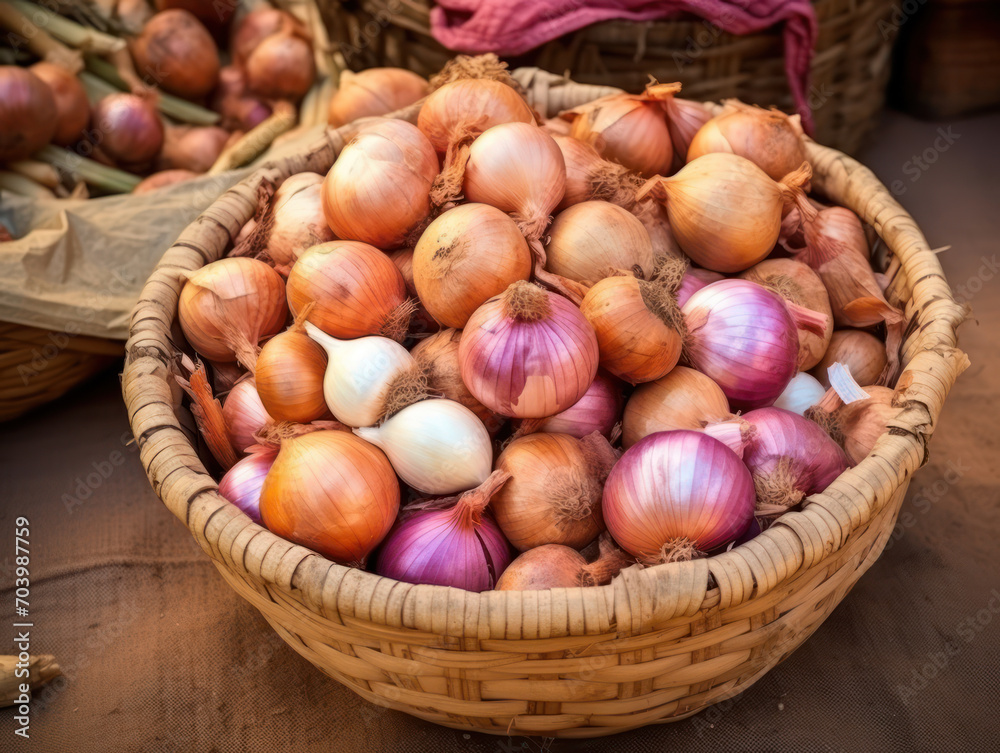 Onions in a market basket, onions for sale at the market Onions in a market basket, onions for sale at the market