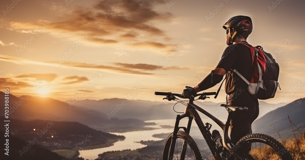 Fototapeta premium A Mountain Biker Captivated by the Sunset Over a Vast Valley. Generative AI