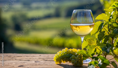 Verre de vin blanc dans les vignes et grappe de raisin dans un vignoble en France. photo