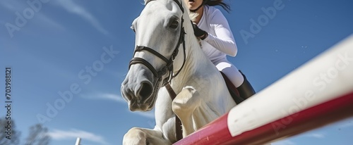 A Low Angle View of a Girl Masterfully Riding a White Horse Over a Training Hurdle. Generative AI
