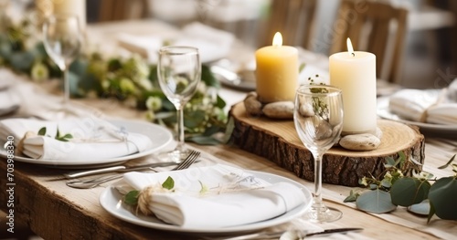 A Special Wedding Dinner Decor with Wooden Elements, Candles, and Greenery, Embodying Zero Waste and Romance