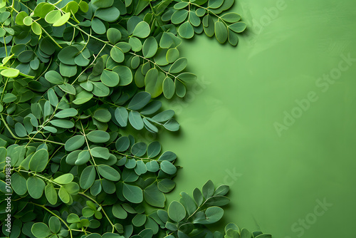 Top view of fresh moringa leaves on a vibrant green background, providing a refreshing and natural scene with ample copy space photo