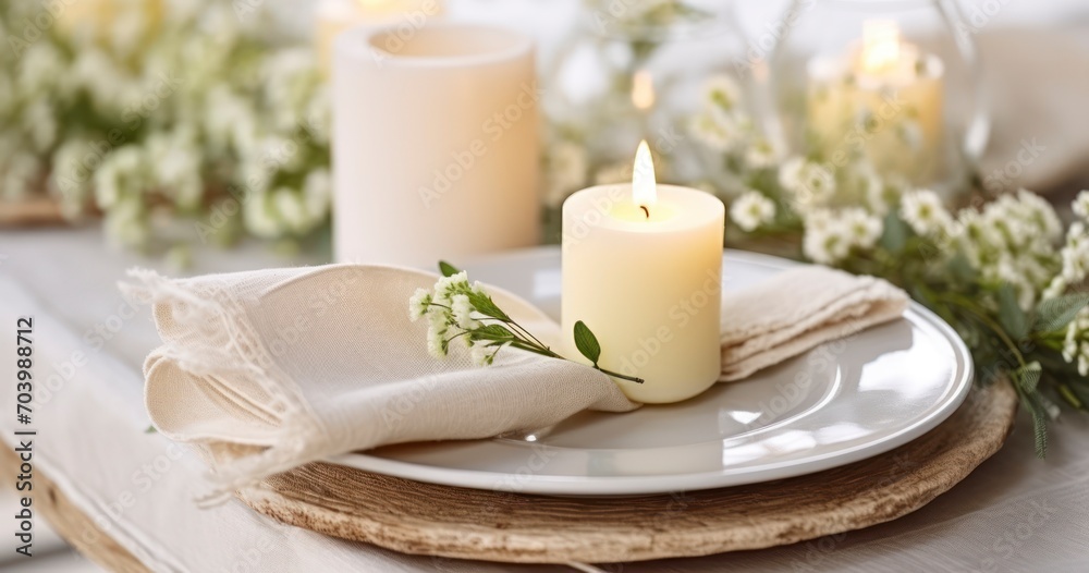 A Rustic and Eco-Friendly Wedding Decor of Wooden Furnishings, Candles, and Green Branches for a Special Dinner. Generative AI A Rustic and Eco-Friendly Wedding Decor of Wooden Furnishings, Candles, and Green Branches for a Special Dinner. Generative AI