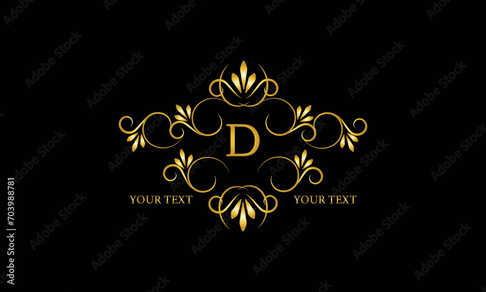 Luxury gold initial letter D monogram with frame ornament for boutique, beauty spa, hotel, resort, restaurant, jewelry, cosmetic logo design, wedding.