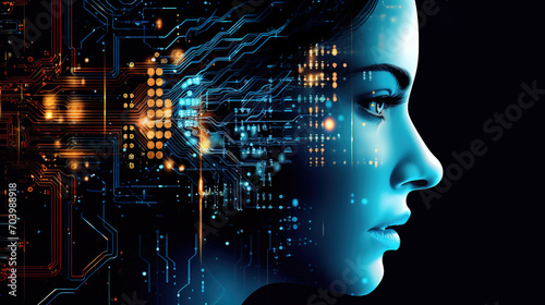 The head of a digital woman with technology,development of artificial intelligence. Generative Ai