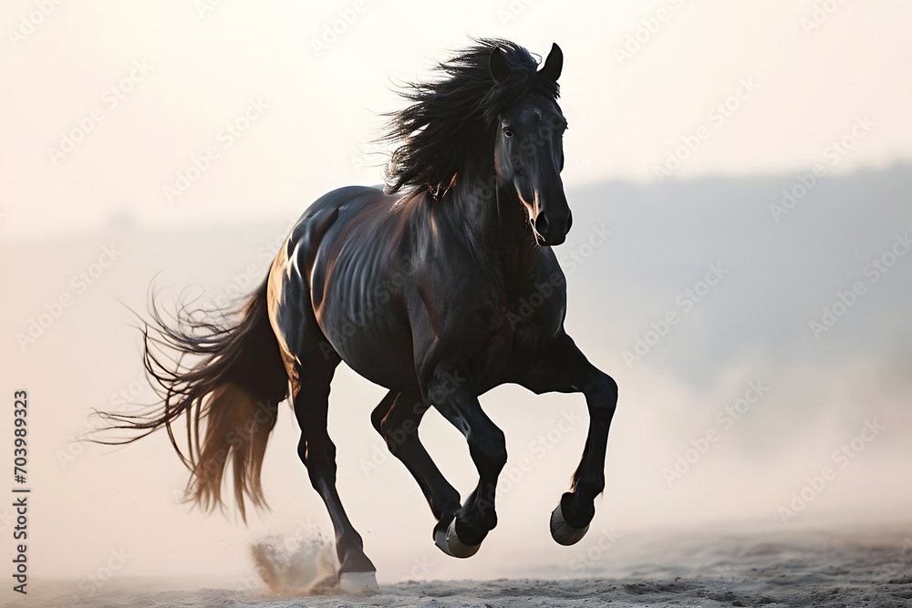 A fast black horse is running on a plain white background. Its hair is blowing in the wind, and it looks strong and graceful A fast black horse is running on a plain white background. Its hair is blowing in the wind, and it looks strong and graceful