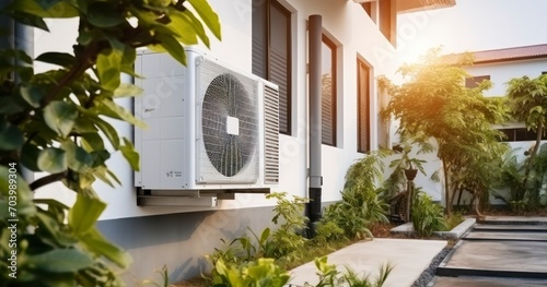 Eco-Friendly Efficiency - Heat pump outdoor unit in front of a newly built single family house. Generative AI photo