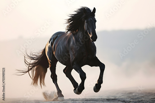 A fast black horse is running on a plain white background. Its hair is blowing in the wind, and it looks strong and graceful © Benasi Tharanga