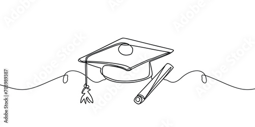 continuous line drawing of Graduation cap and diploma, illustration
