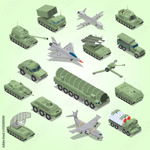 military vehicles isometric set with tank cannon rocket launcher jet fighter self propelled howitzer
