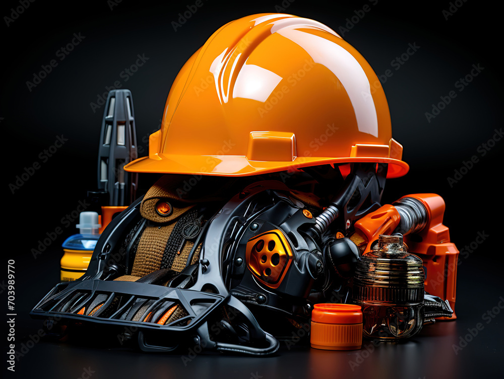 Open plastic tool kit box with construction safety helmet and various hand tools Open plastic tool kit box with construction safety helmet and various hand tools