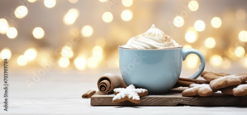 Rich Hot Chocolate with Creamy Whipped Topping Served in a Blue Mug for a Cozy Winter Treat. Generative AI