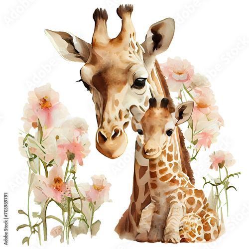 Cute mother giraffe and baby with pink flowers watercolor Illustration isolated on white. Generative AI
