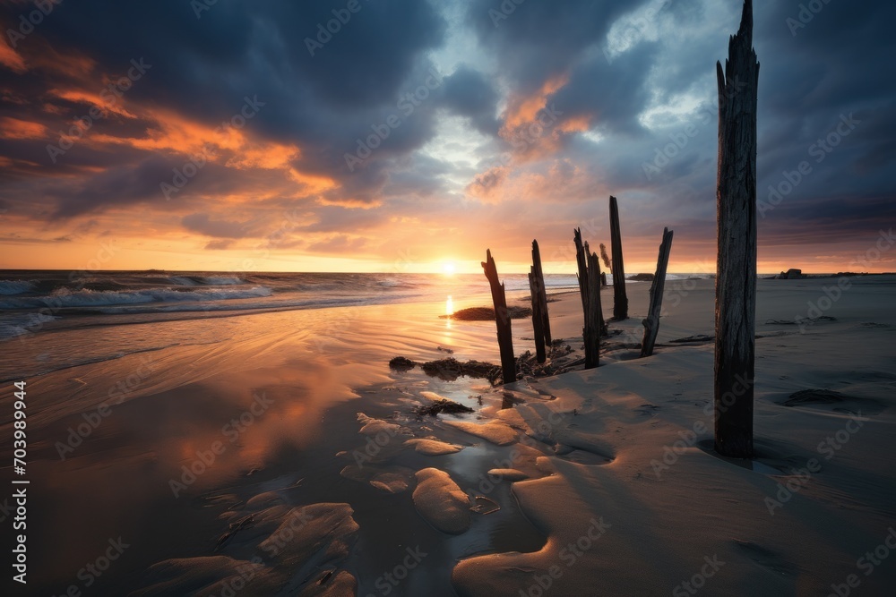  the sun is setting over a beach with old wooden posts sticking out of the sand and a body of water in the foreground with waves coming in the foreground.