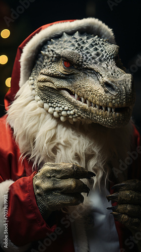 Generative AI. Dinosaur in a Santa suit