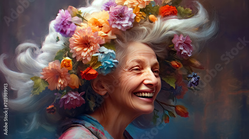 Portrait of a beautiful old woman with a wreath of flowers on her head. A happy senior woman.