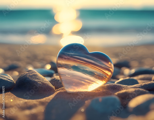 Transparent shiny smooth polished glass stone in heart shape on the beach photo