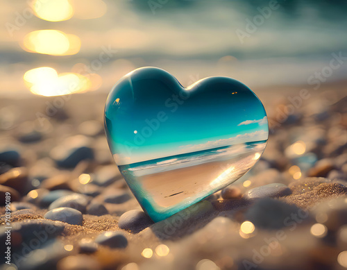 Transparent shiny smooth polished glass stone in heart shape on the beach